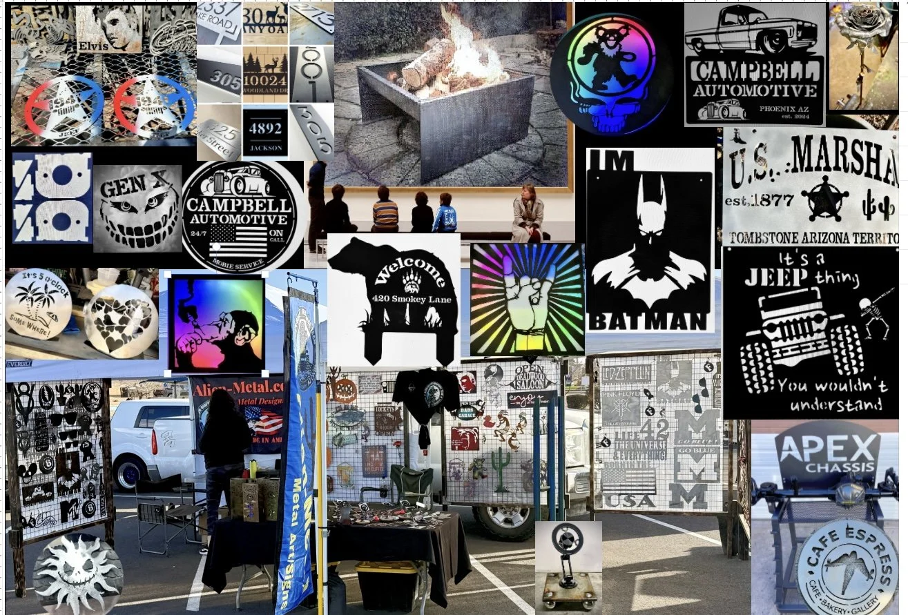 A collage of various outdoor signs, artwork, and merchandise displays, including metal signs, hand-painted signs, and decorative items with various designs and messages.