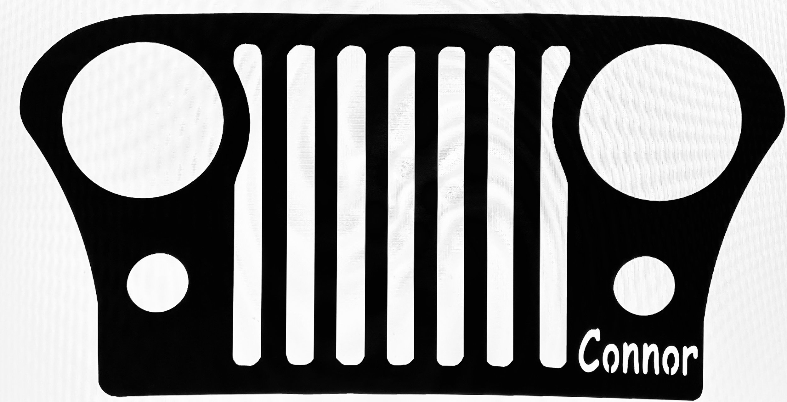 Black and white graphic of a Jeep grille with the name 'Connor' in the lower right corner.