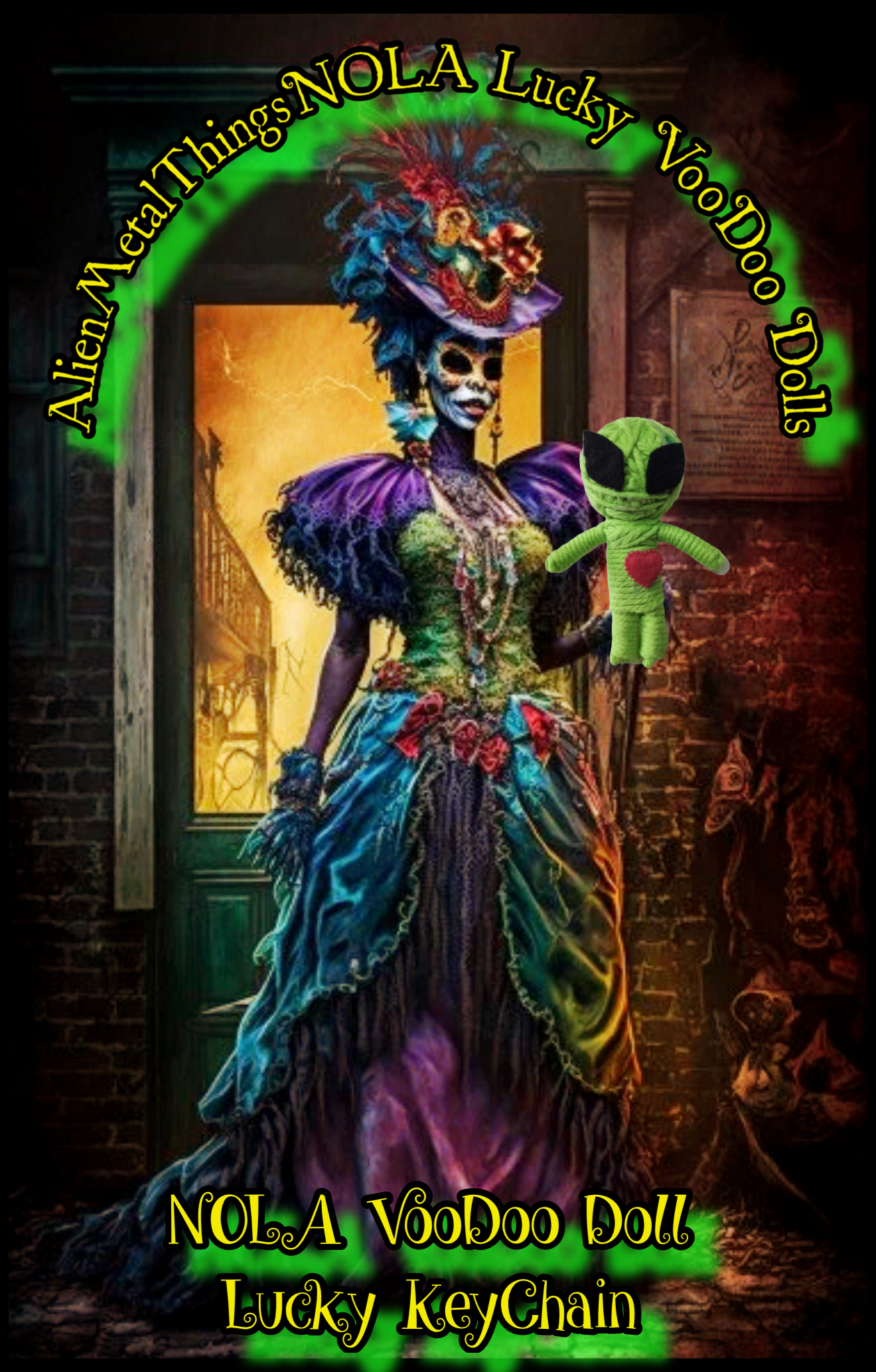 A colorful, artist-style digital illustration of a woman with a skull face, dressed in an elaborate, vibrant gown with feathered and floral details. She wears a headdress with a lion's head and feathers. The background features a brick wall, a window