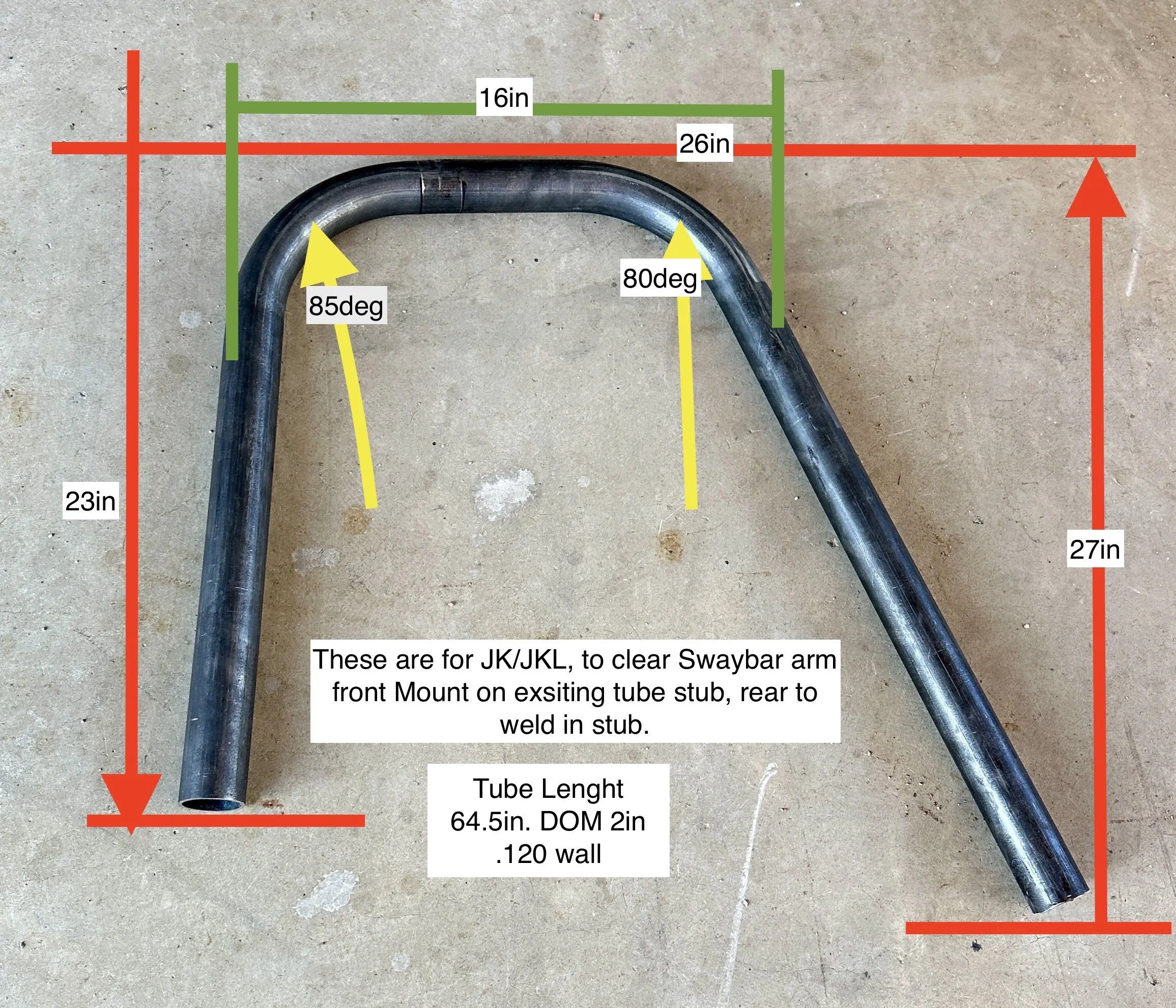 A metal tube bent in a U-shape with measurements and details about its dimensions and purpose, including labels and colored lines indicating various angles and lengths.