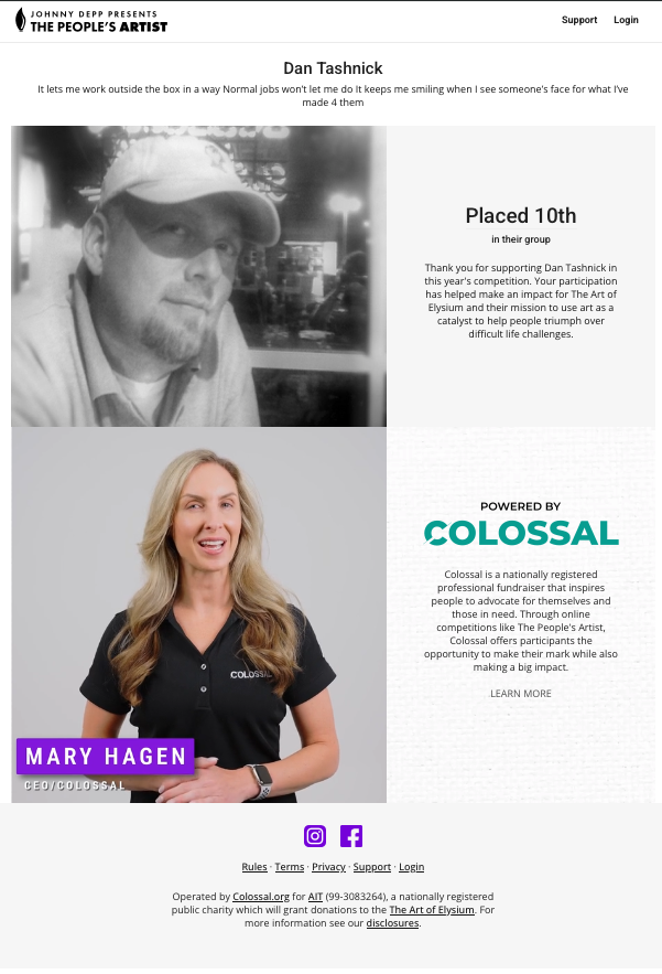 Screenshot of a webpage featuring Dan Tashnick at the top, with a black and white photo of him, and Mary Hagen at the bottom, smiling and wearing a black Colossal shirt. The page mentions awards, fundraising, and the Art of Elysium.