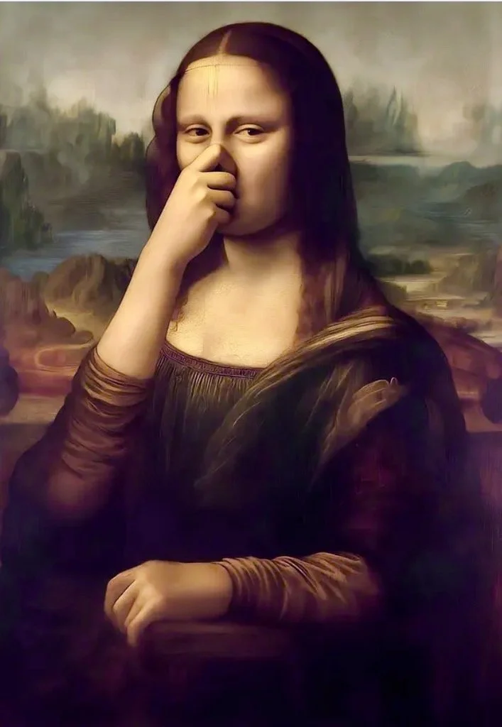 A person with the body of the Mona Lisa but the face of a modern human, holding their nose.