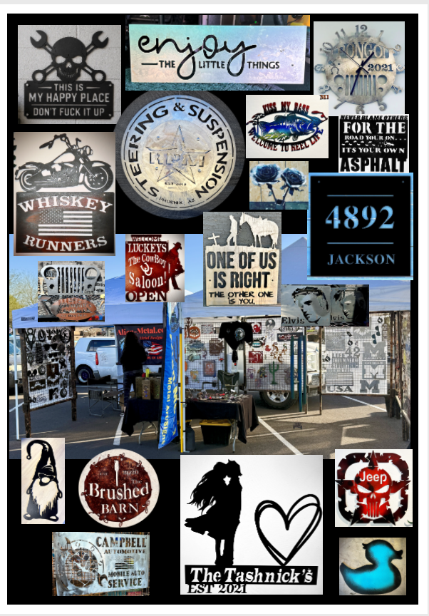 Collage of various signs, stickers, and images at an outdoor event, including a skull with wrench and sign, 'enjoy THE LITTLE THINGS' sign, clock with 'JONES' and '2021', 'My happy place' sign, motorcycle decal, whiskey runner sticker, 'Luckerys The Cowboy Saloon OPEN' sign, a picture of sheep with the text 'ONE OF US IS RIGHT', blue roses, a black black-letter '4892 JACKSON' sign, Jeep logo, a silhouette of a woman with the text 'The Tashnick's EST 2021', and various other branded and decorative stickers.