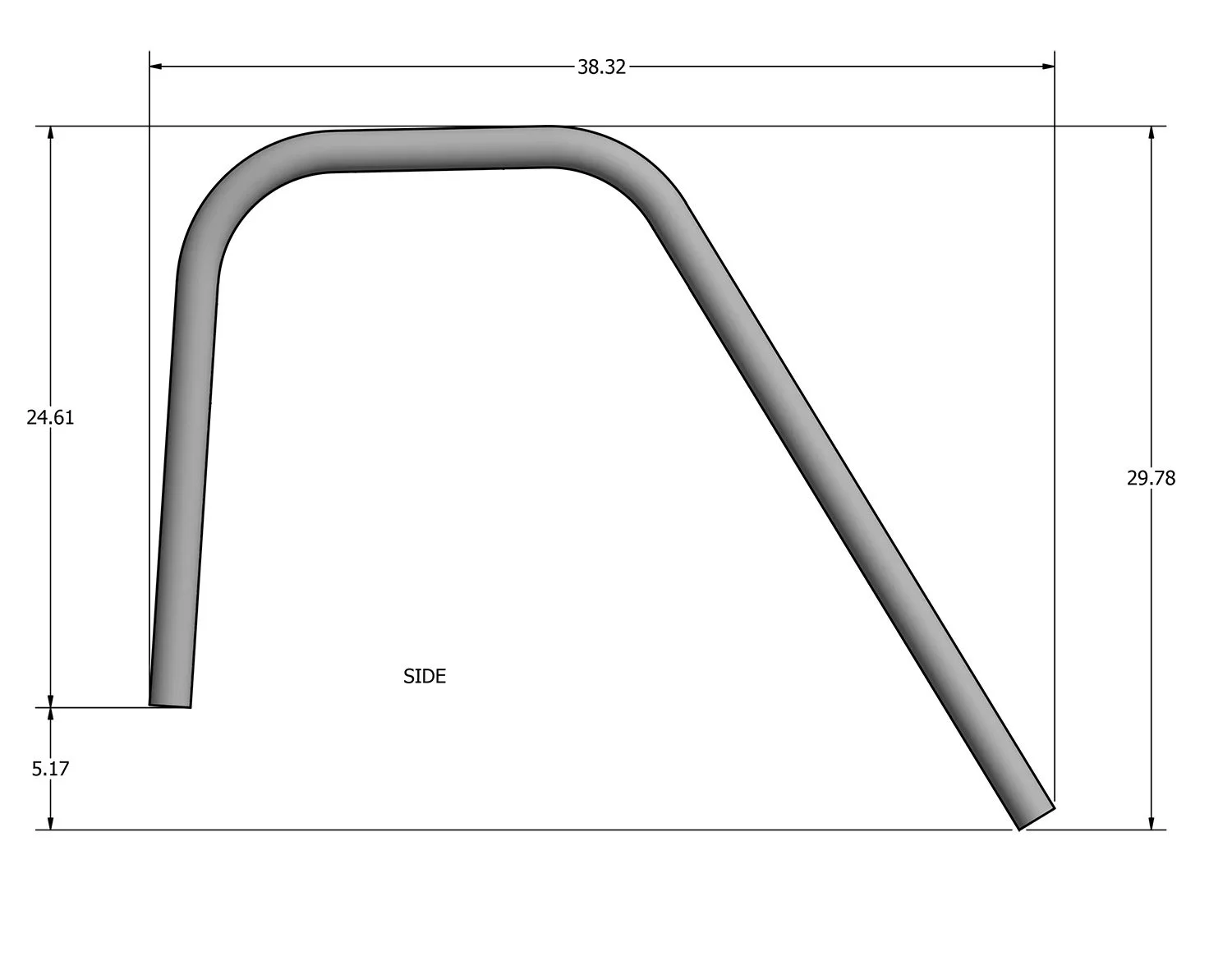 Technical drawing of a bent metal tube with dimensions, showing the side view with specific measurements labeled.