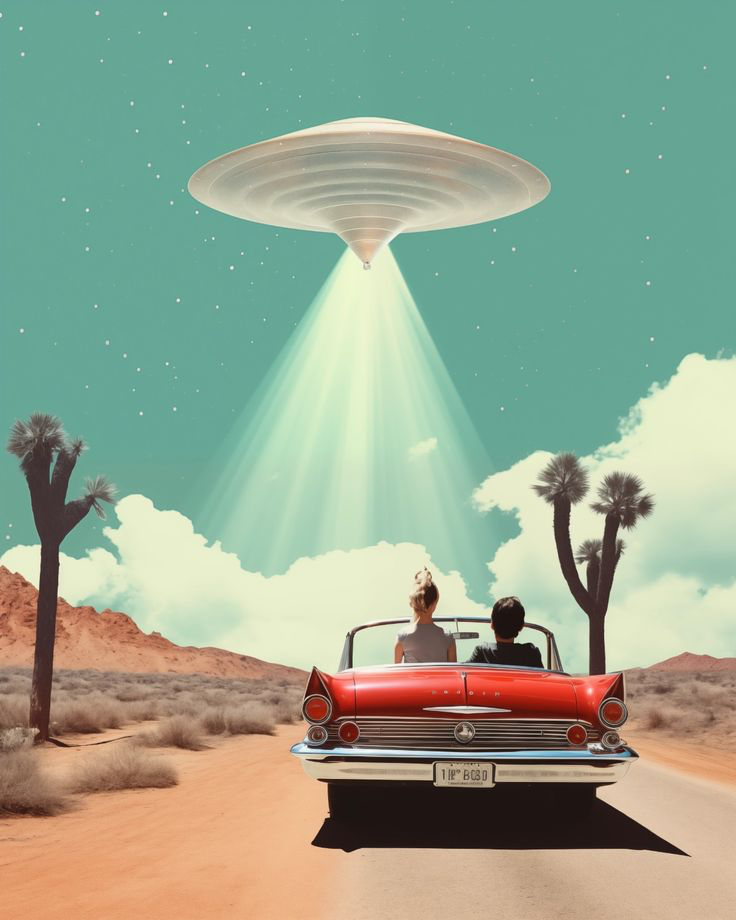A red vintage car with two people inside, driving through a desert landscape with palm trees under a sky where a flying saucer is shining a beam of light down.