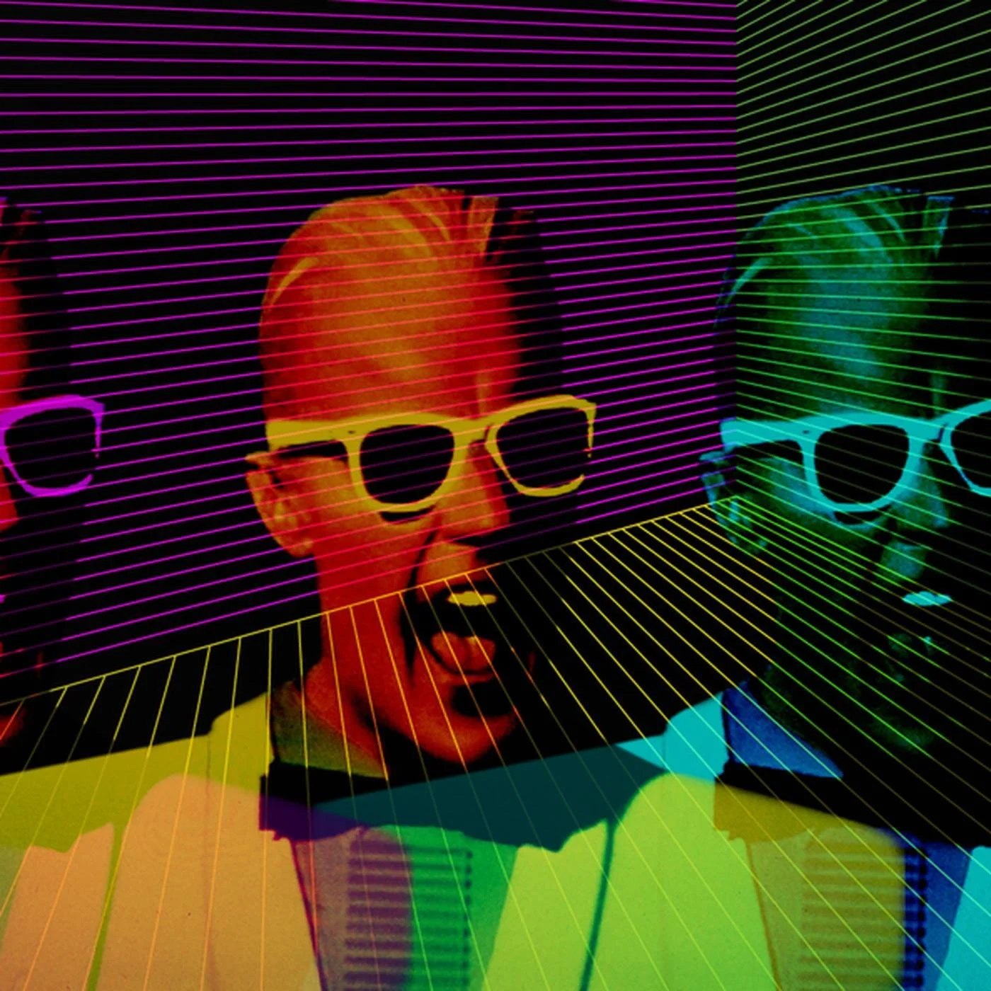 Colorized photo of a woman with short blonde hair wearing yellow sunglasses, dressed in yellow and black, surrounded by colorful digital grid lines, and multiple pairs of sunglasses floating around.