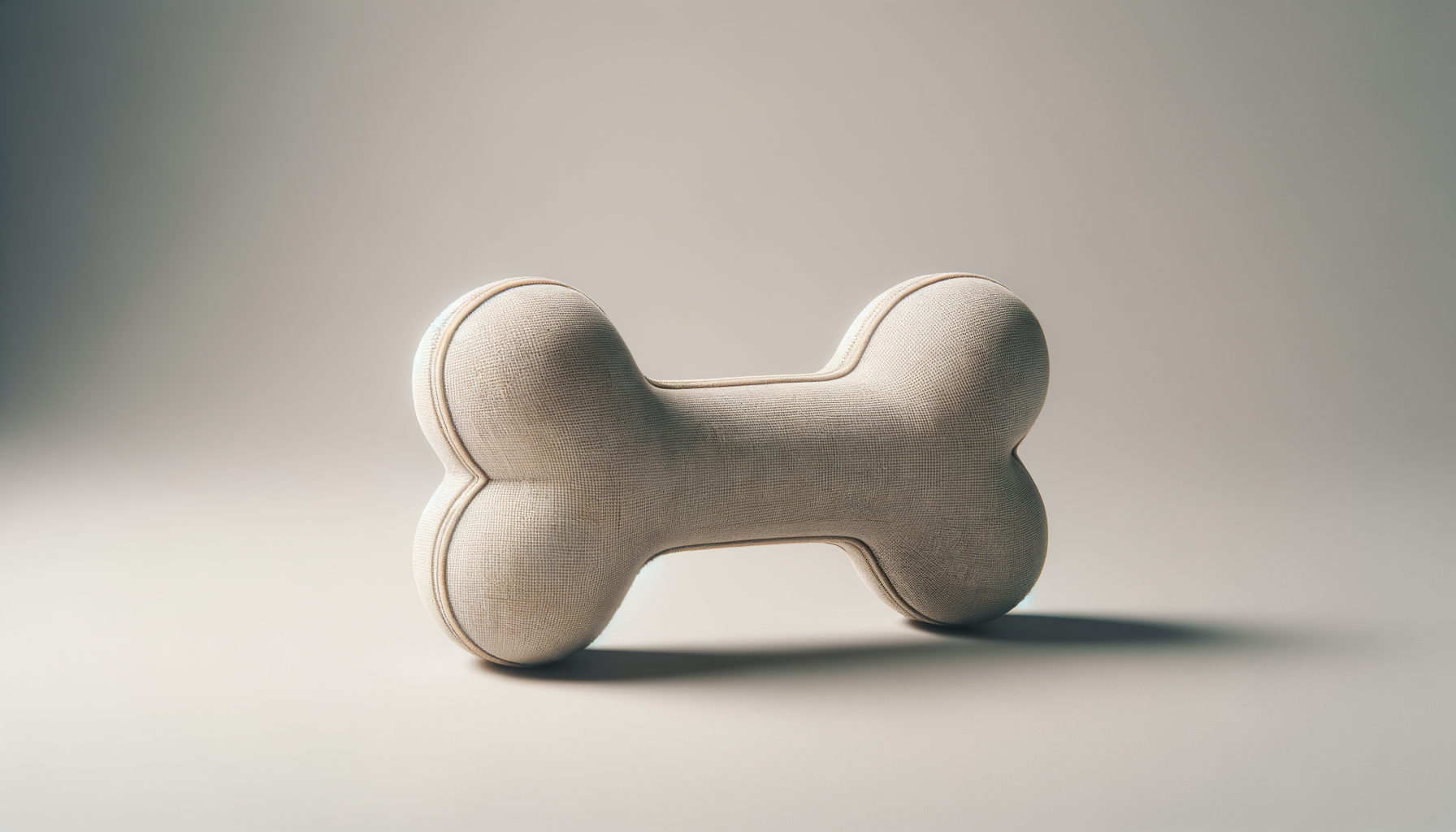 A beige fabric-covered dog bone-shaped chew toy on a plain gray surface, with soft lighting and a neutral background.