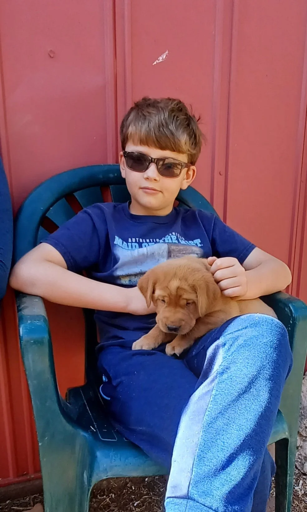 A young boy wearing sunglasses, a blue t-shirt, and jeans sitting on a green plastic chair, holding a brown puppy in his lap with a red wooden fence in the background.