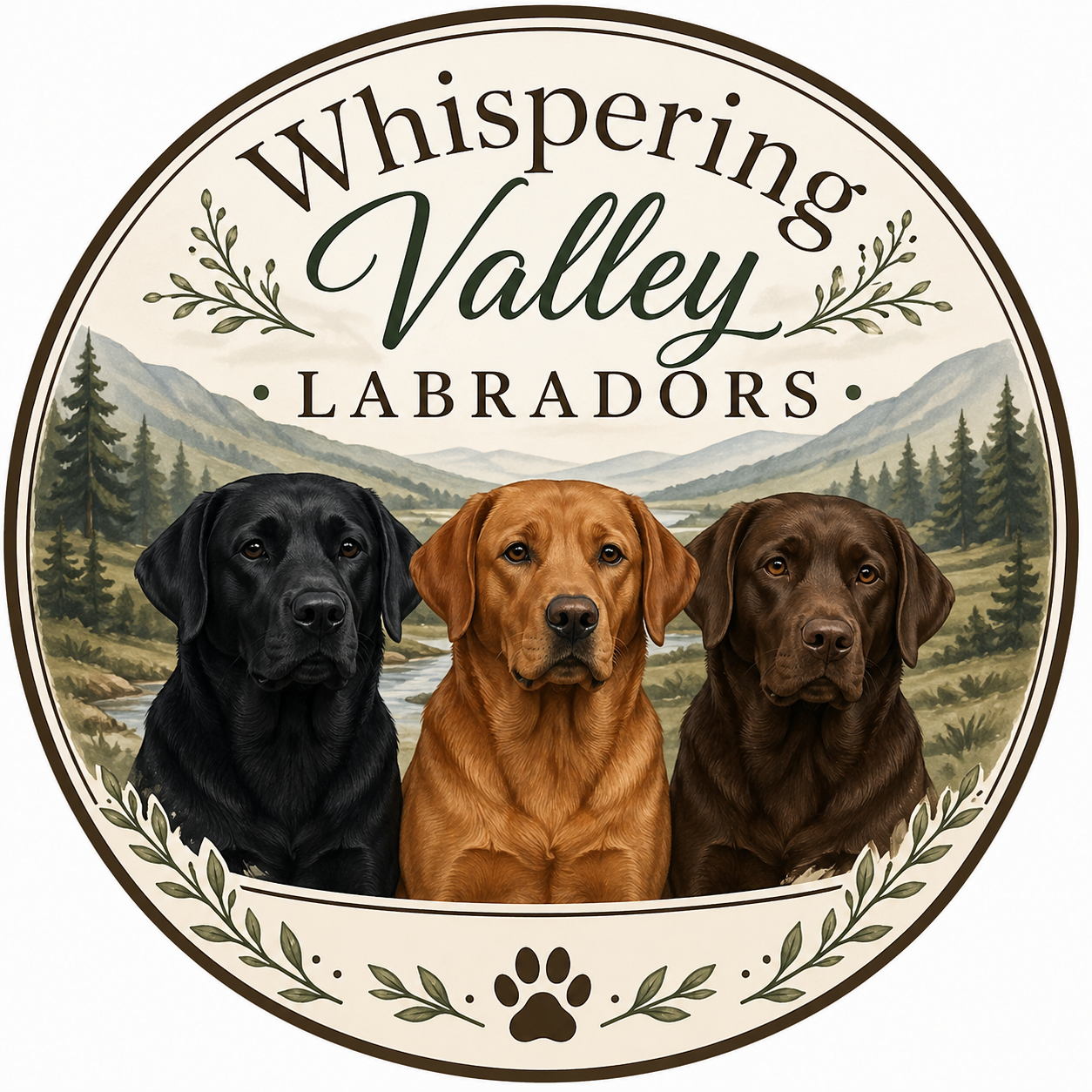 A circular logo featuring the text 'Whispering Valley Labradors' with an illustration of three Labrador dogs in front of a mountain and forest landscape.