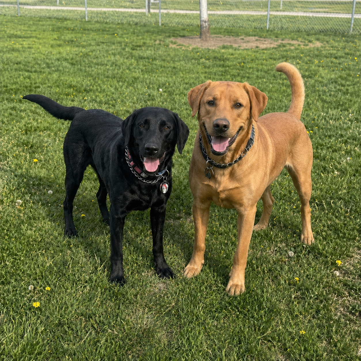 Two dogs, one black and one tan, standing on green grass with small yellow flowers, smiling, in a fenced park.
