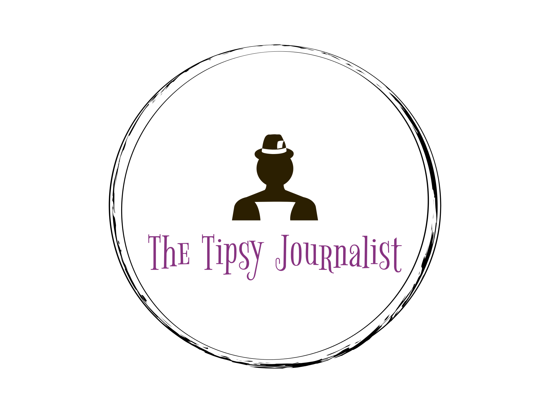Logo for The Tipsy Journalist featuring a black silhouette of a person wearing an old-style reporter's hat with the text 'The Tipsy Journalist' in purple below.