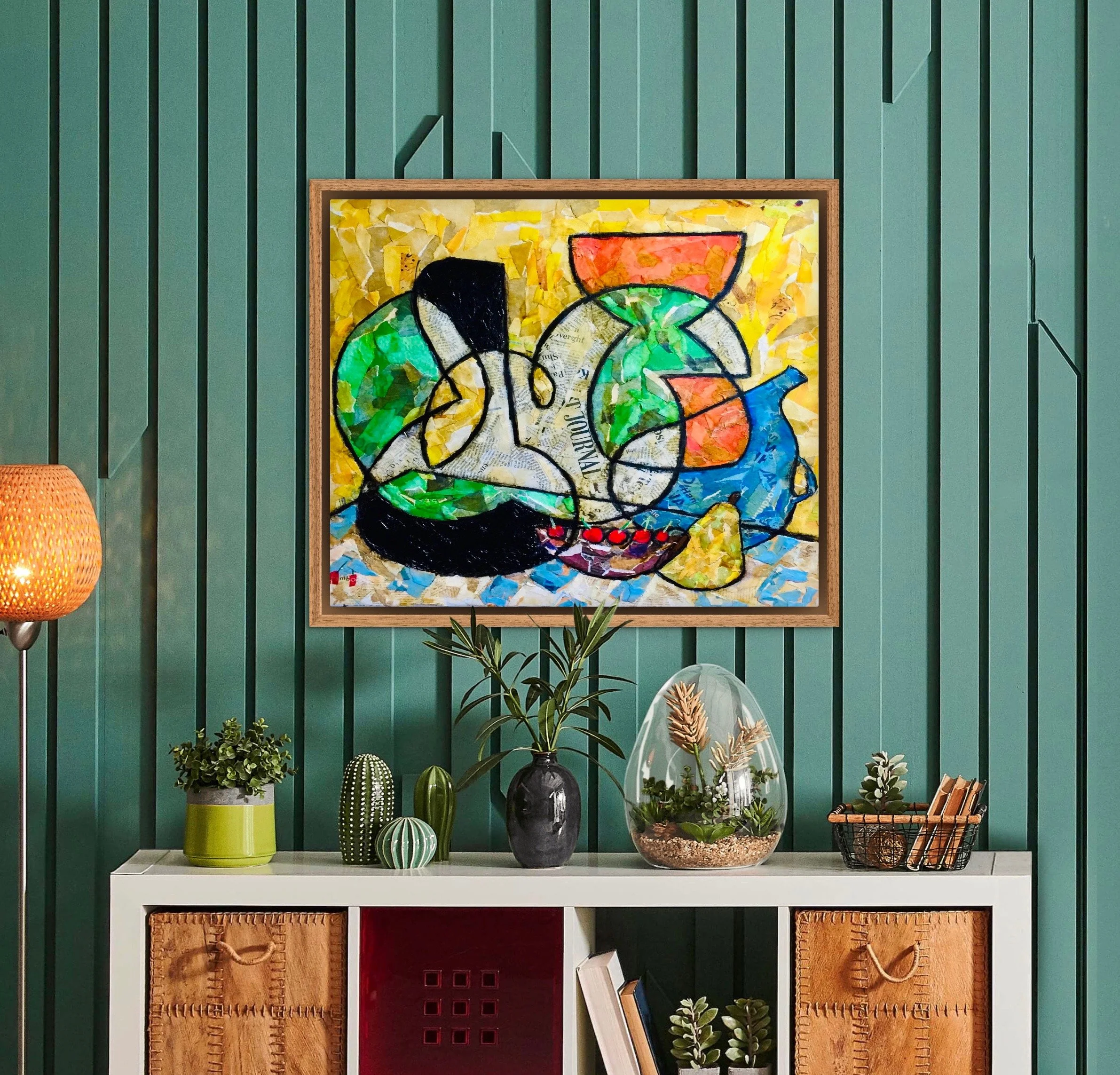 'Cherries and Pear', 20"x24", torn paper on canvas