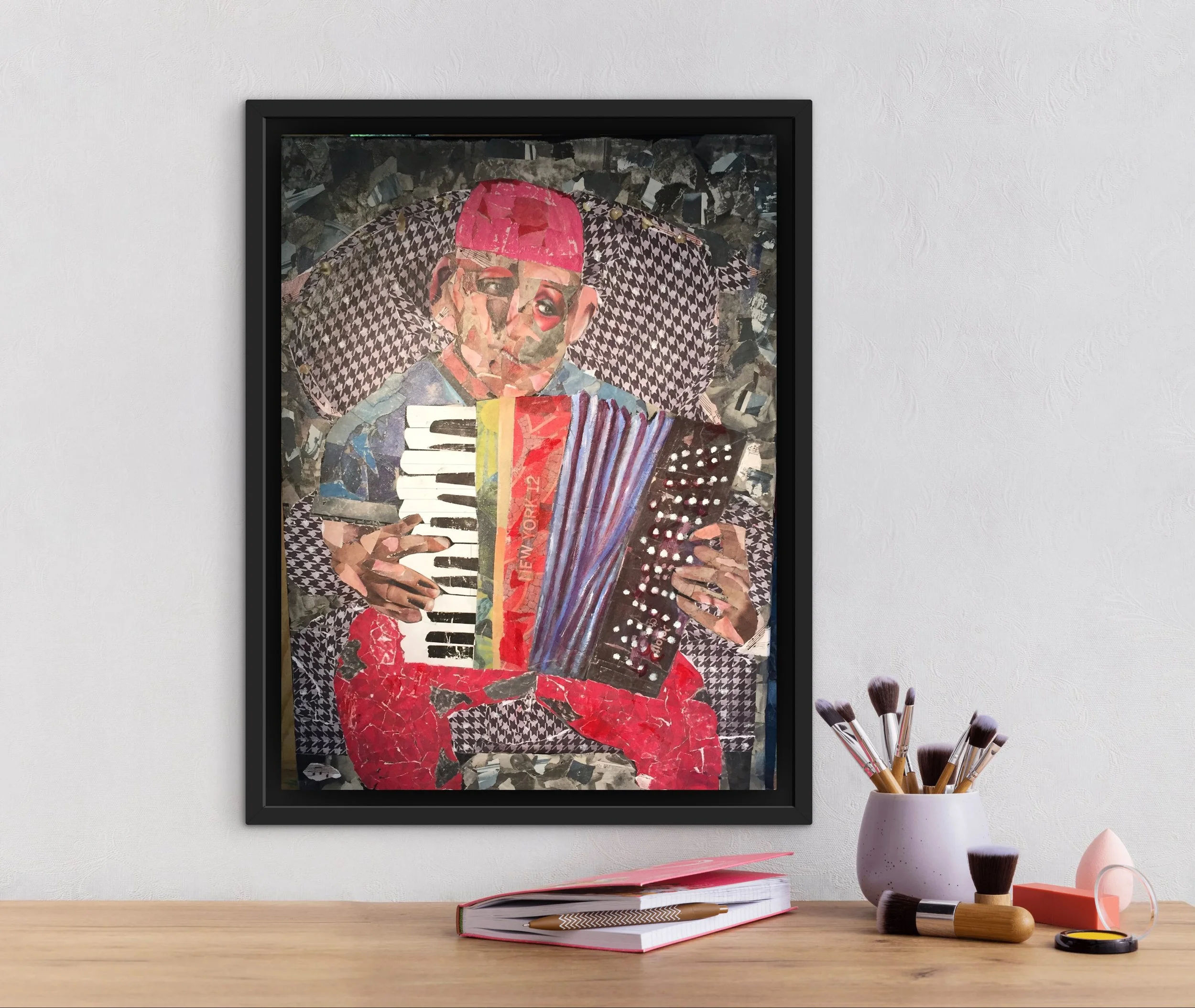 'The Accordionist', 16"x20", torn paper on canvas      SOLD