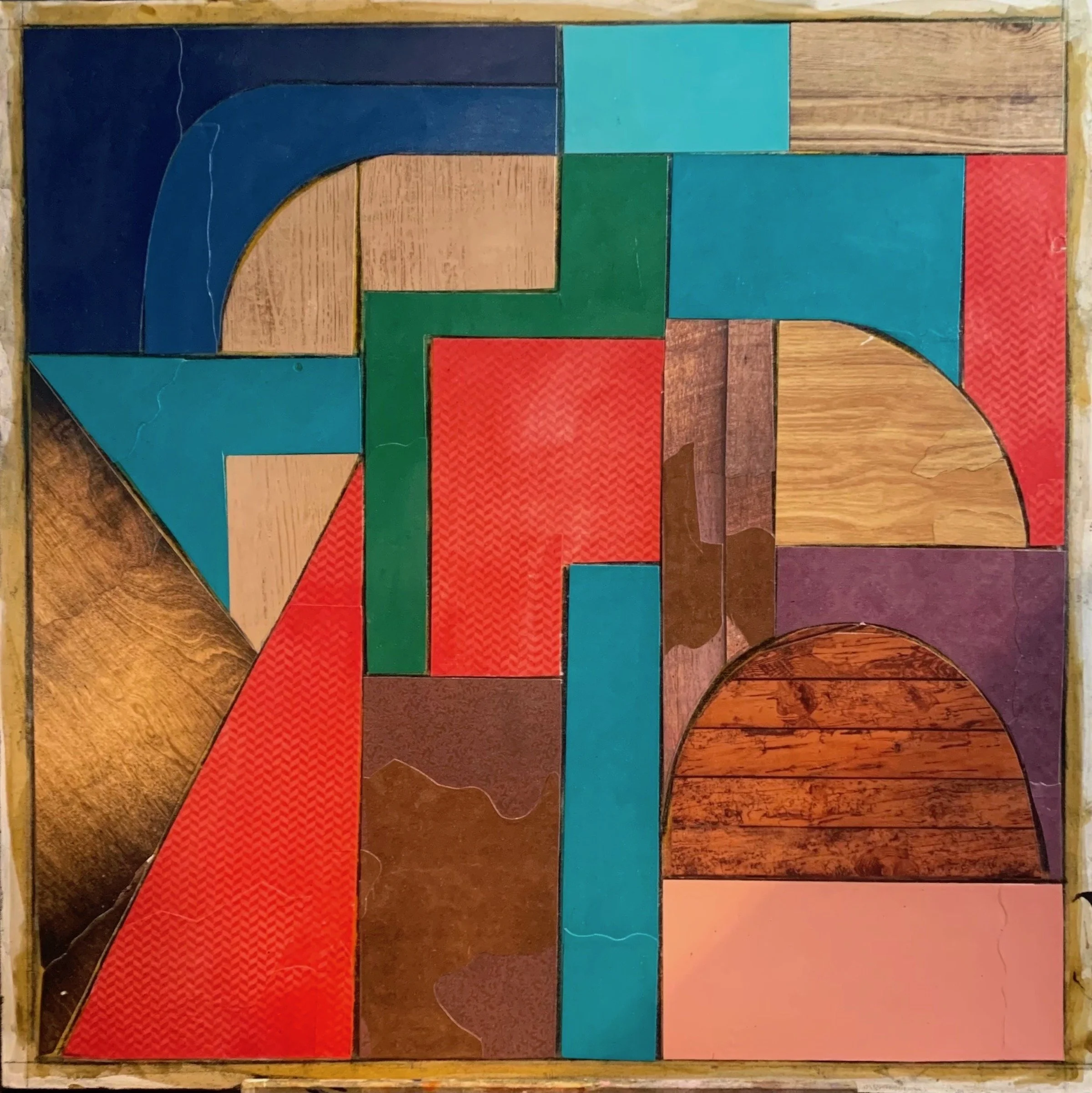 'WoodShop", 36"x36", stock and faux wood paper on canvas