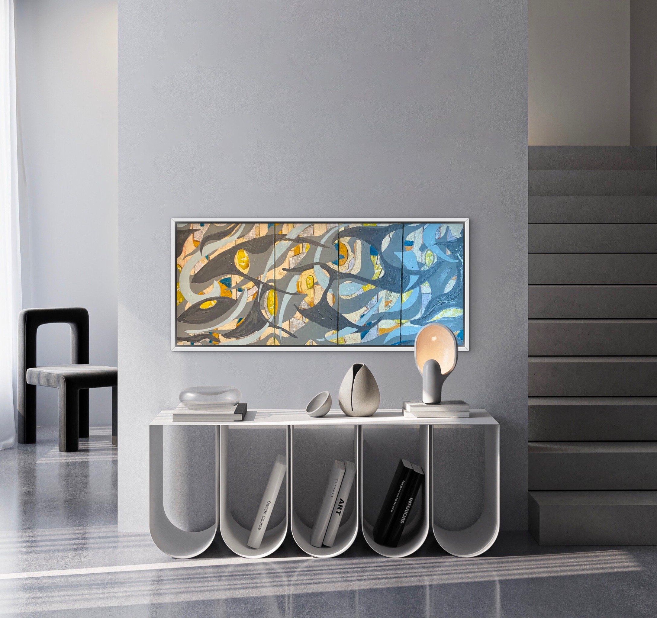'Fugue in Grey', 20"x46", torn paper, acrylic on 4 canvas panels