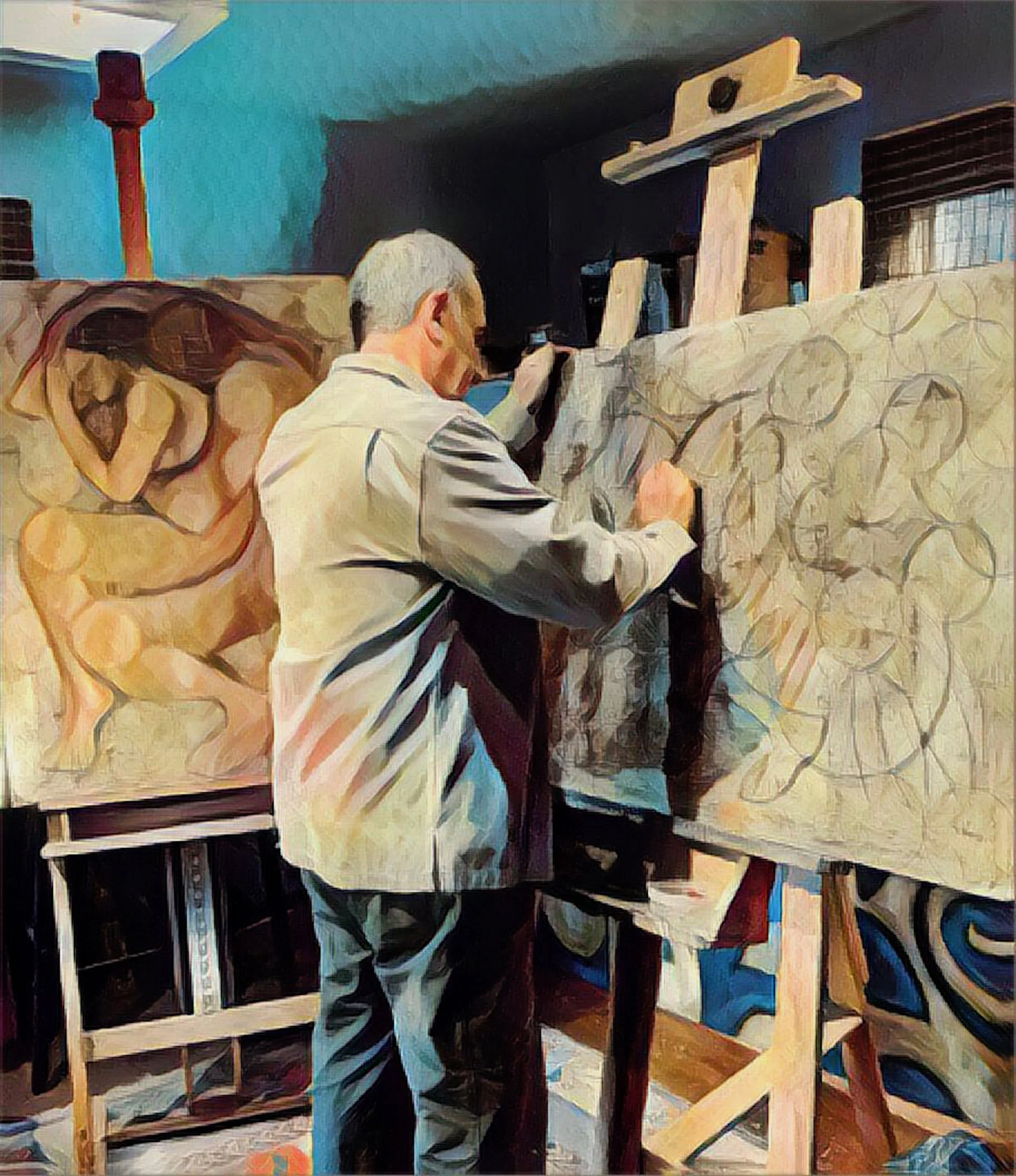 A man with gray hair working on a wooden piece in a workshop. Shelves and workbenches with tools visible in the background.