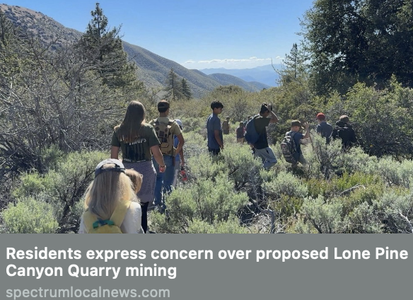 A group of people hiking through a mountainous and bushy landscape with trees and mountains in the background.