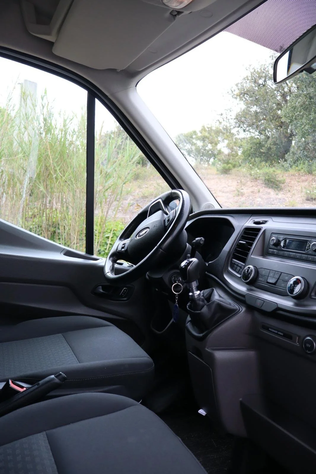 Interior de uma cabine de caminhonete ou van, mostrando o volante, o painel de controles, assuming a direção e o assento do motorista e parte do banco dianteiro em um ambiente externo com vegetação ao redor.