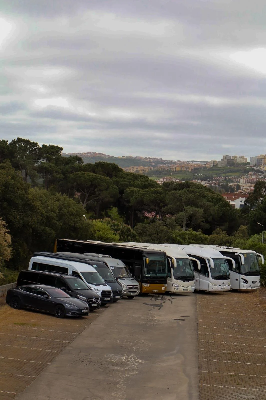 Linhas de ônibus e veículos particulares estacionados em um estacionamento ao ar livre, cercado por uma área arborizada, com colinas e prédios ao fundo sob céu nublado.