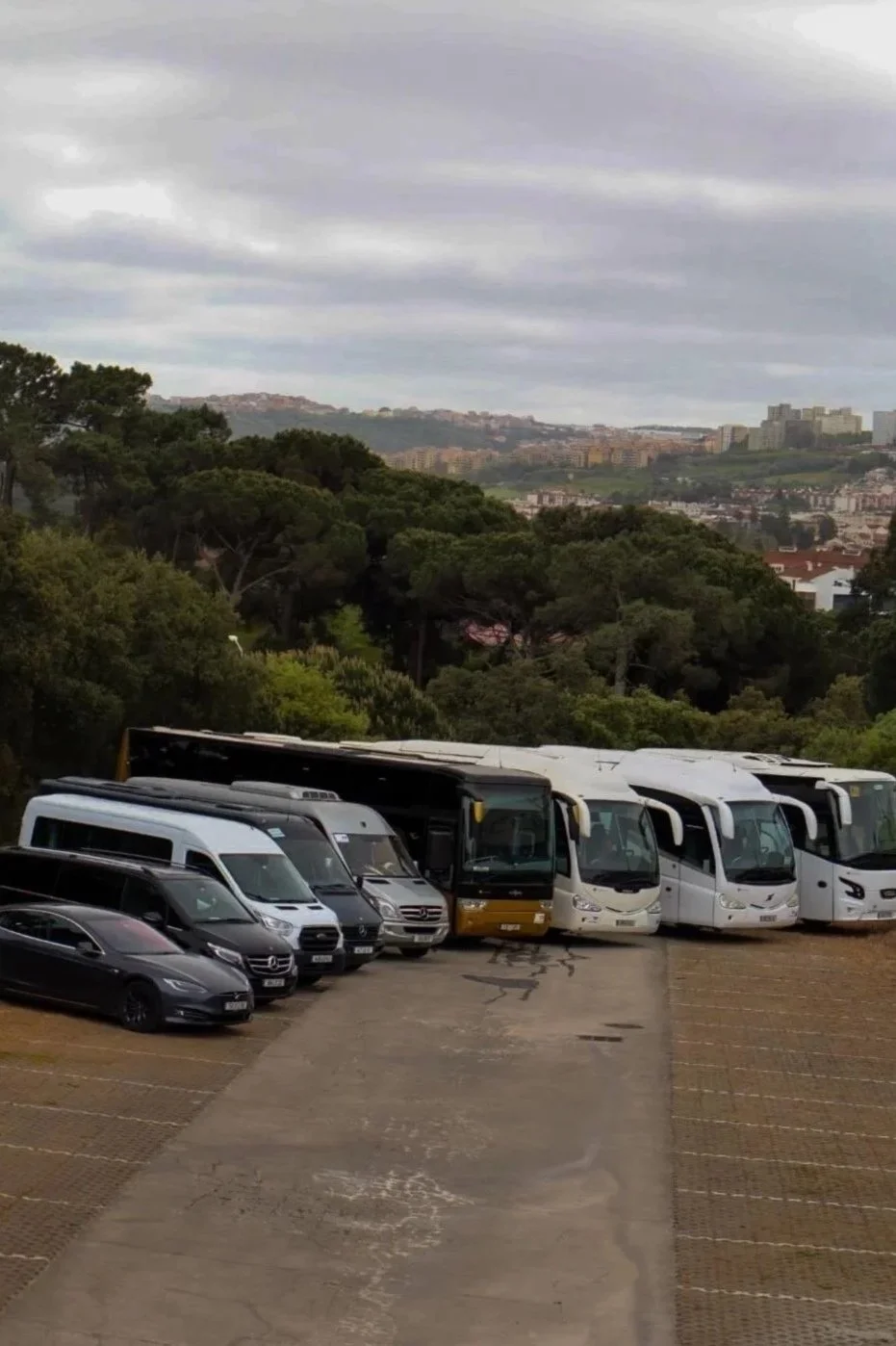 Estacionamento com vários ônibus e carros, com árvores ao fundo e céu nublado.