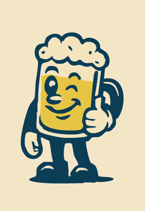 Cartoon image of a beer mug with a smiling face, giving a thumbs-up.
