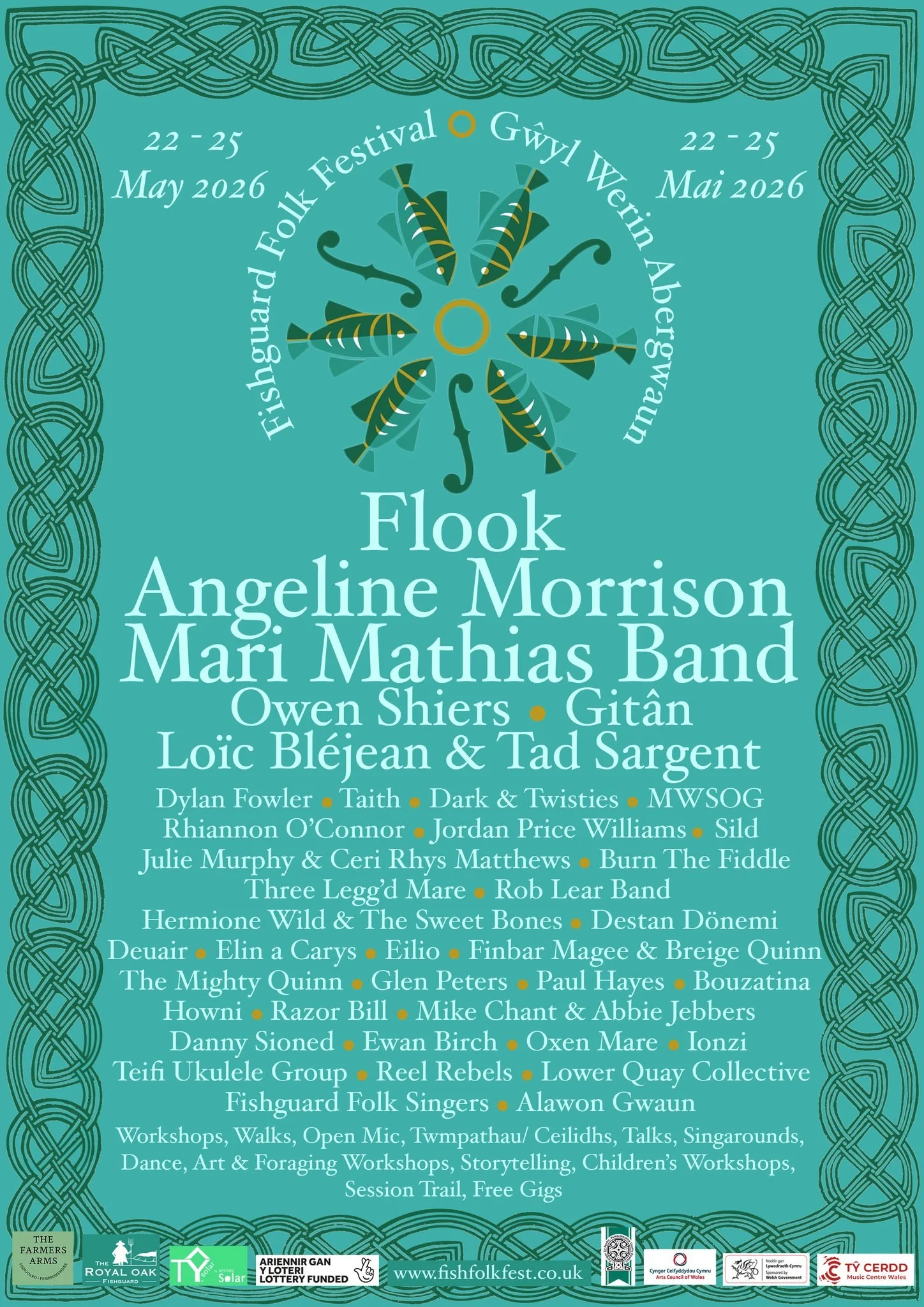 Fishguard Folk festival poster 2026. Flook Angeline Morrison Mari Mathias Owen Sheirs Dark and Twisties Mwsog Julie Murphy Ceri Rhys Matthews Hermione Wild and The Sweet Bones Pembrokeshire welsh folk music events May bank holiday
