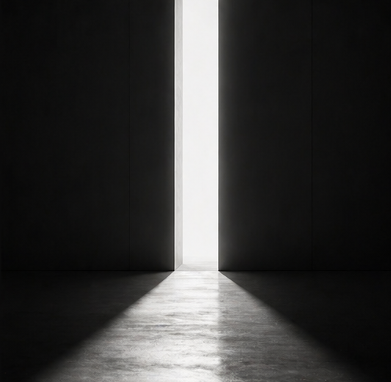 Open door with light shining through, creating shadows on the dark walls and floor.
