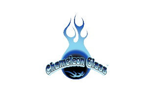 Logo of Chameleon Glass featuring a blue chameleon with a flame-shaped head and the text 'chameleon glass' beneath it.