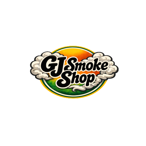 Logo of GJ Smoke Shop with an oval background in orange, yellow, green, and black, featuring clouds of smoke.