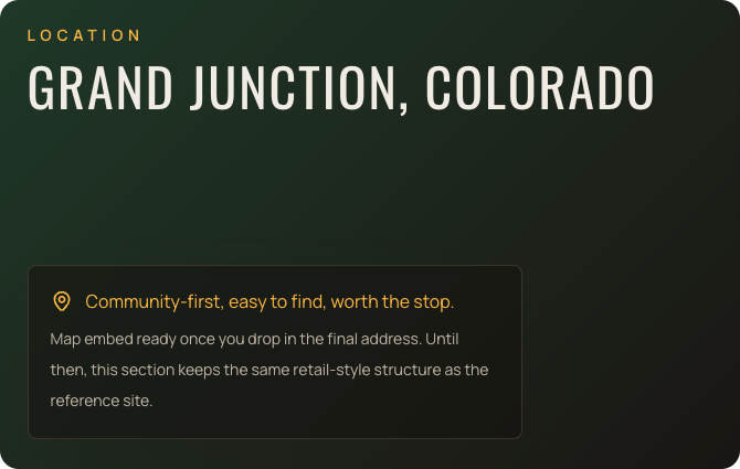 Screenshot of a webpage with the location 'Grand Junction, Colorado,' featuring a dark green background, white text, and a highlighted note about being community-first and easy to find.