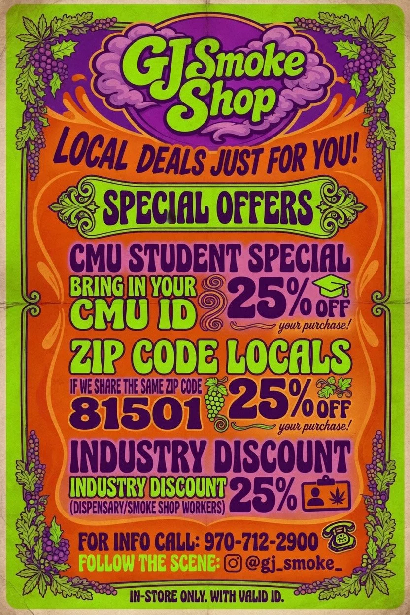 Colorful advertisement poster for GJ Smoke Shop, promoting local deals and special offers including a 25% discount for CMU students with ID, a 25% discount for locals sharing the same zip code, and a 25% industry discount for dispensary or smoke shop workers, with contact information and social media details.