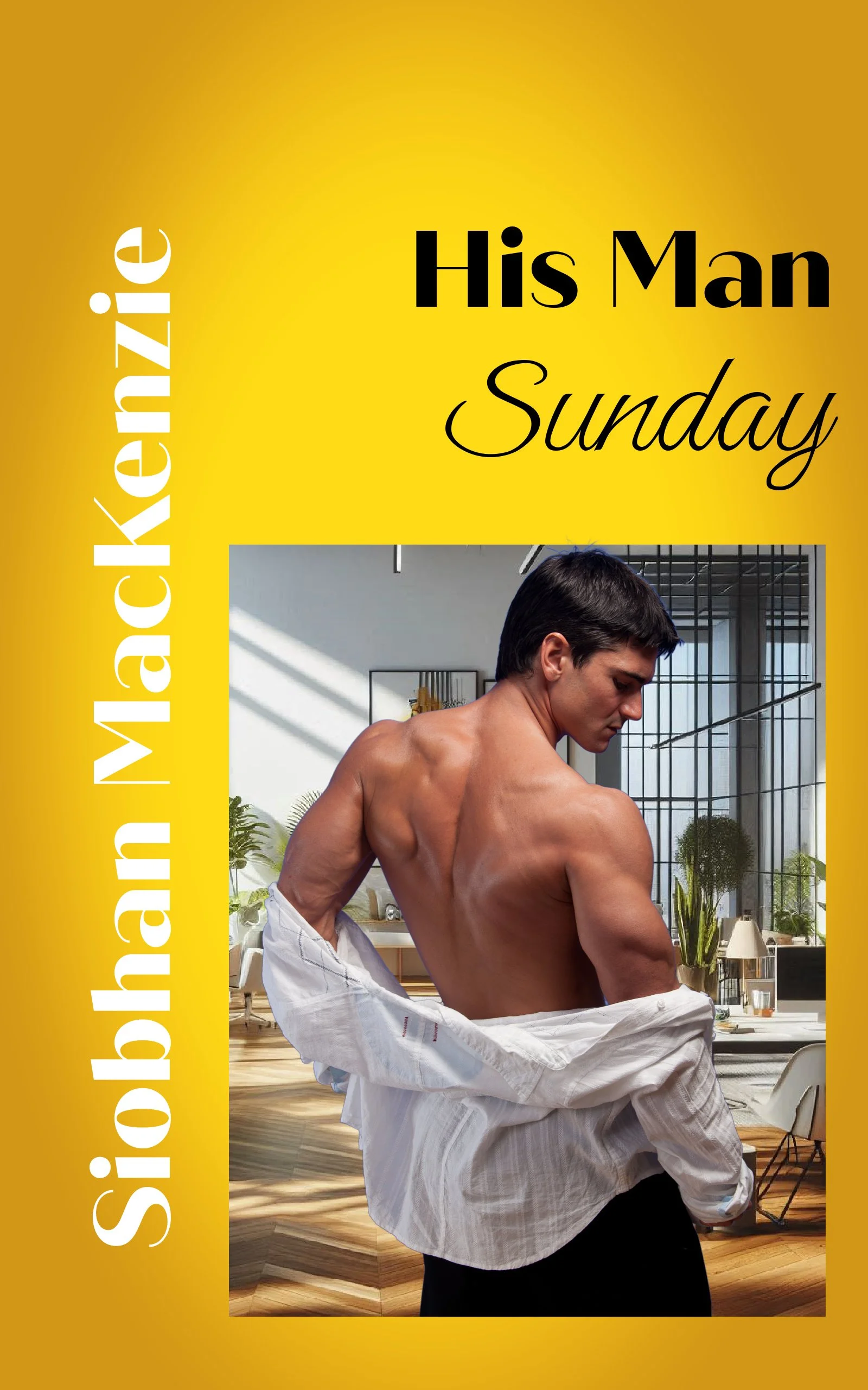 A shirtless man with dark hair sits on a white shirt, wrapping it around his waist in a modern, bright room with large windows, plants, and natural light.