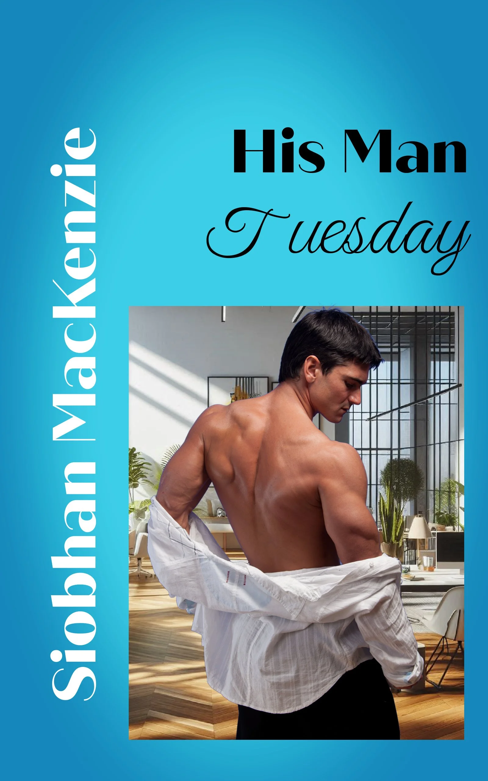 A shirtless man with dark hair and a muscular back is sitting in a modern, well-lit room with large windows and plants, wrapping a white cloth around his waist.