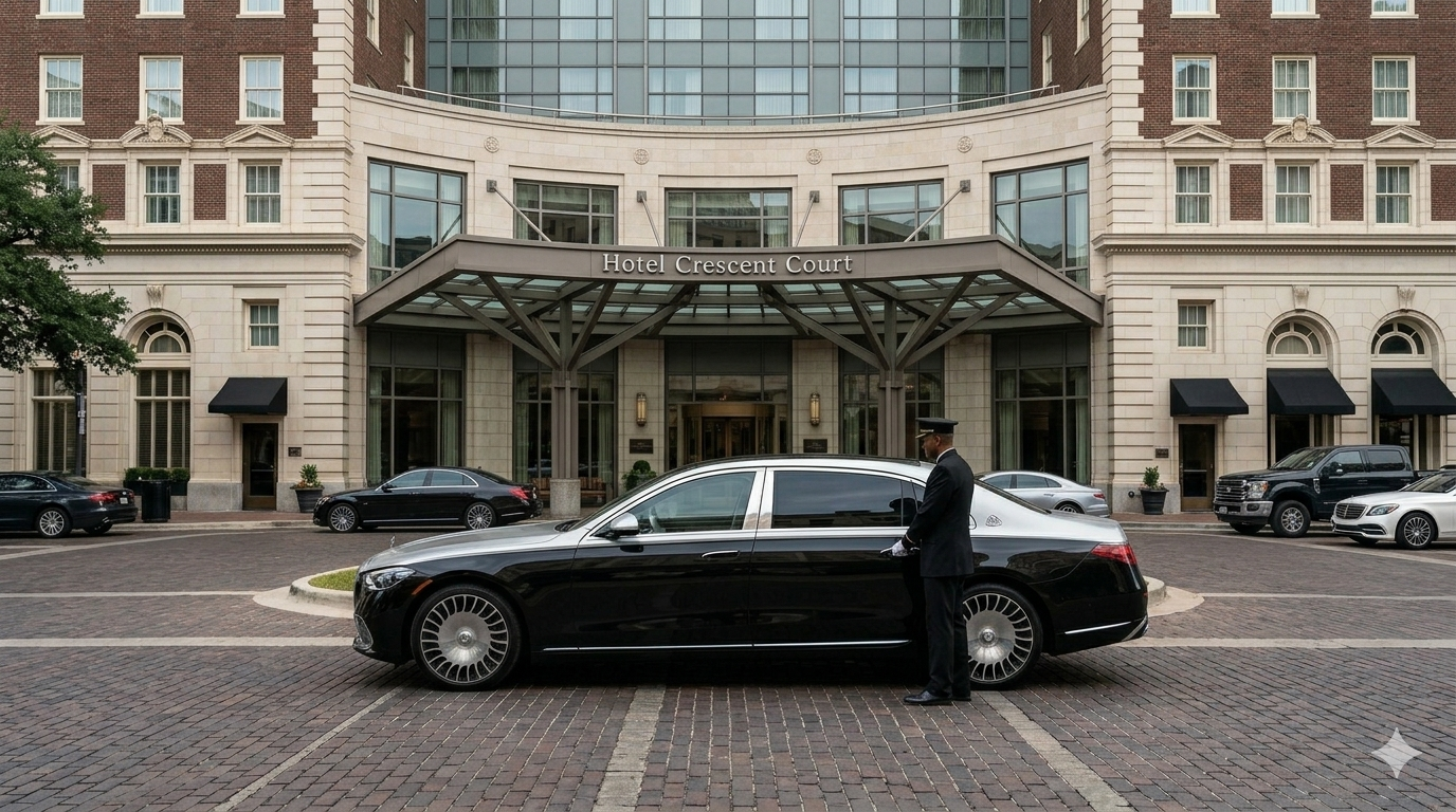 A black luxury car parked in front of the Hotel Crescent Court with a doorman standing beside it. The hotel has a grand entrance with a metal awning and a sign displaying its name. There are other cars parked along the street.