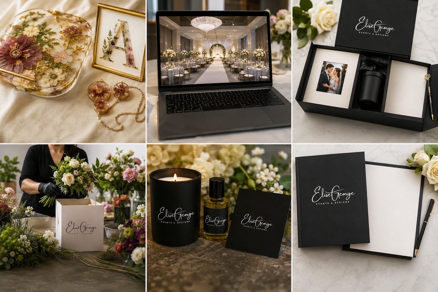 Collage of wedding arrangements and planning materials. Top left: gold jewelry and floral decorative items. Top center: wedding reception setup on a laptop screen. Top right: personalized gift box with wedding photo, candle, and pen. Bottom left: a p