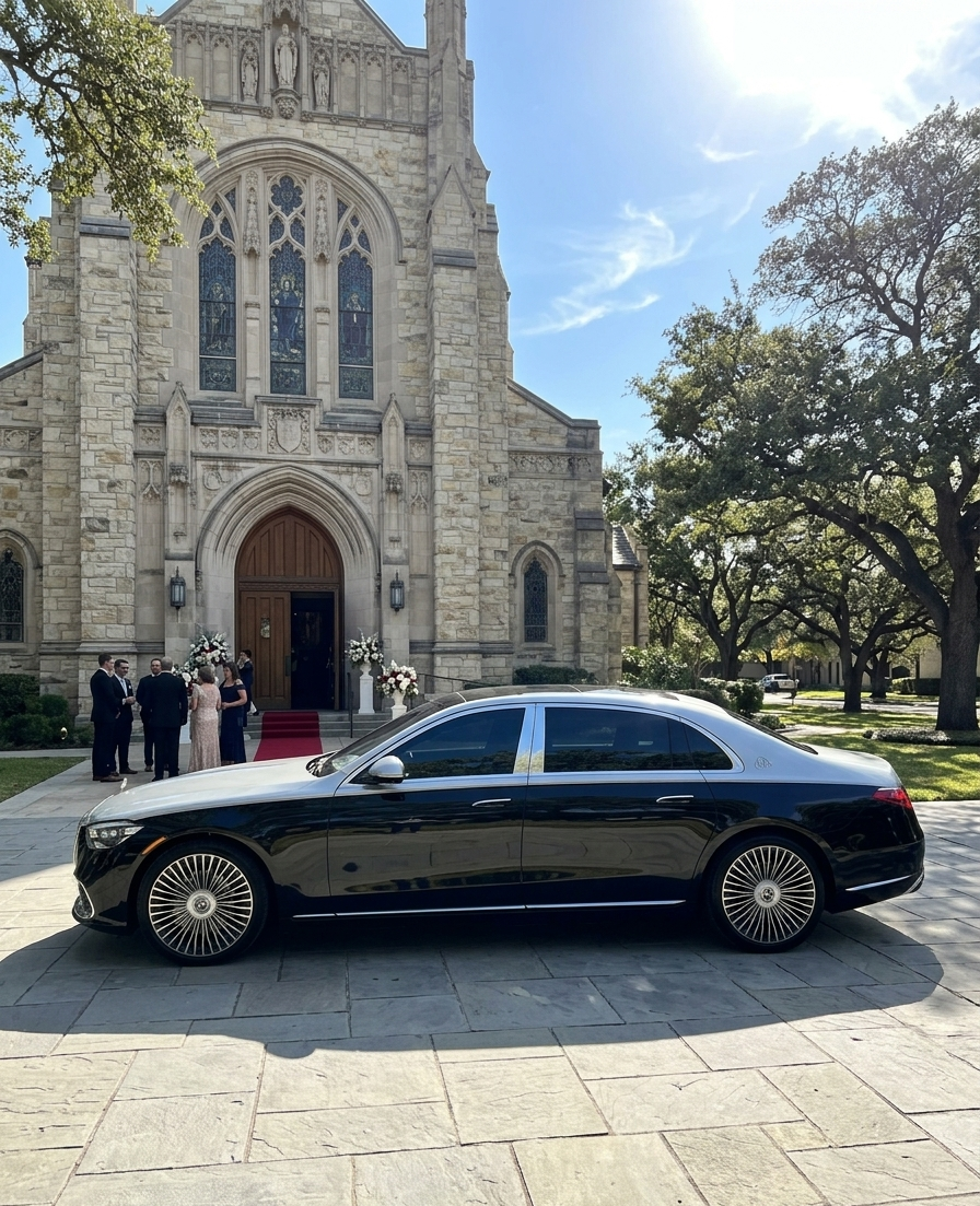A black luxury car parked in front of a large stone church with stained glass windows and a wooden arched door. Several people are gathered at the entrance, dressed formally, with floral arrangements nearby. The setting is outdoors on a sunny day with trees surrounding the church.