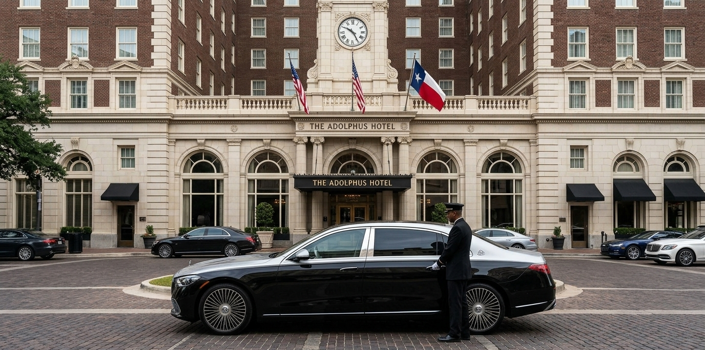 A luxury hotel entrance with a black limousine and chauffeur in uniform standing nearby.