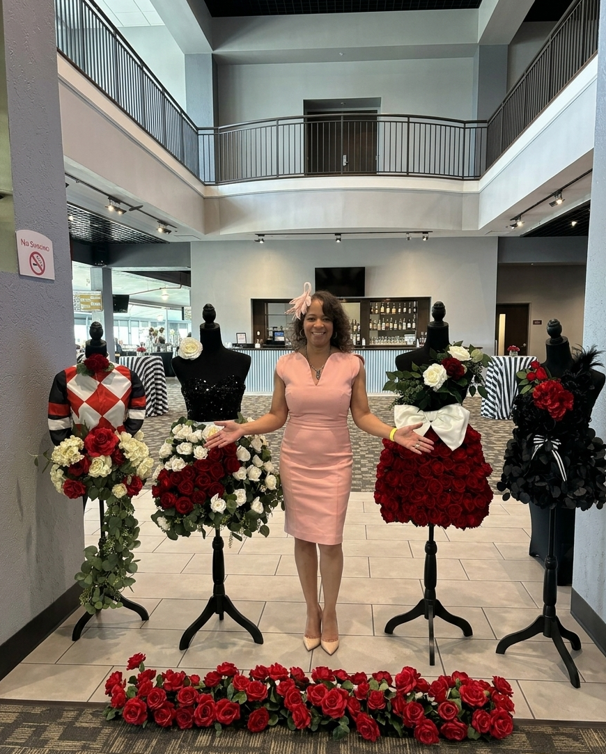 A woman in a pink dress standing in front of four mannequins dressed in floral arrangements that resemble dresses, inside a modern building with a two-level interior, a bar area in the background, and a floral arrangement on the floor.