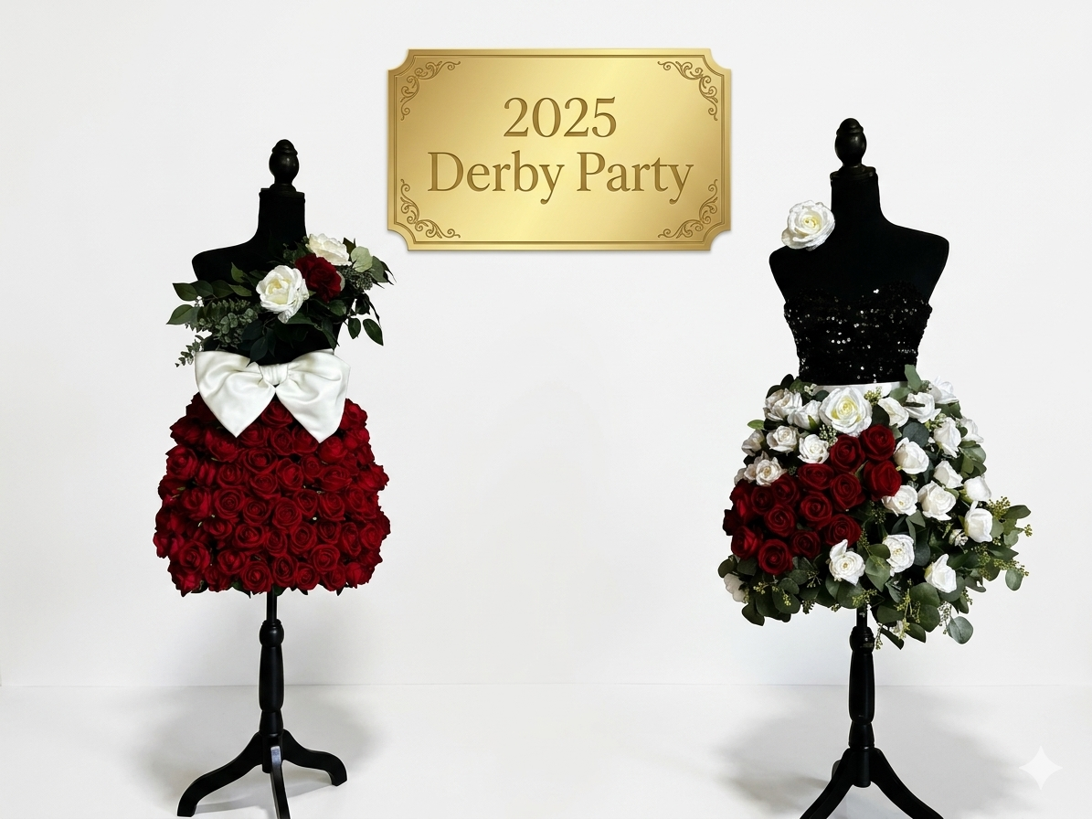 Two black dress forms decorated with floral dresses made of red and white roses, displayed at the 2025 Derby Party event, with a gold sign that says '2025 Derby Party' in the background.