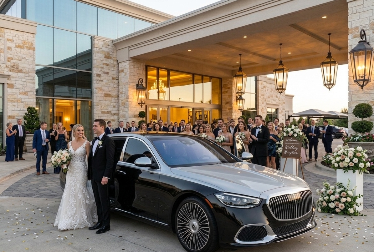 A bride and groom stand next to a black luxury car outside a wedding venue with guests gathered in the background, flowers, and signs.