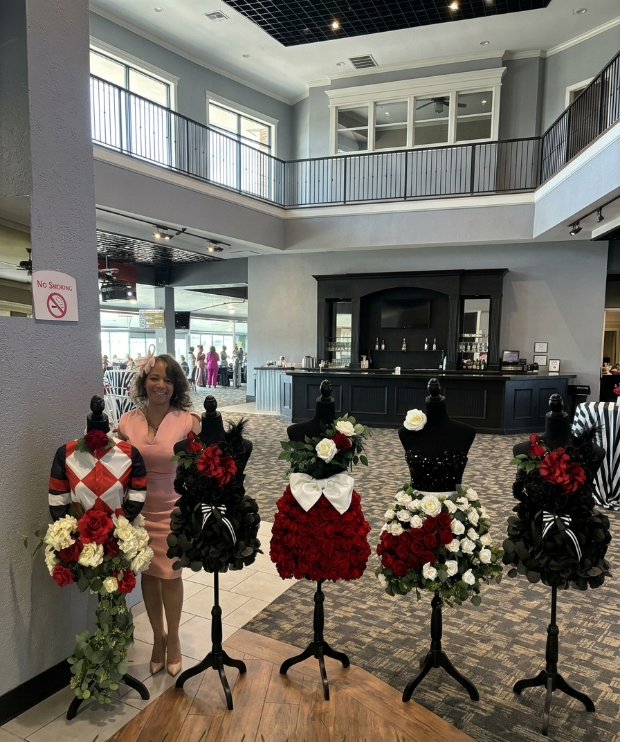 A woman in a pink dress smiling next to five mannequins decorated with floral arrangements and dresses made of flowers in a spacious indoor area with a bar and second-floor balcony.