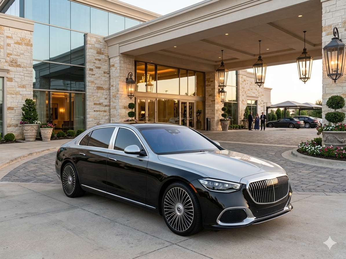A black luxury sedan parked outside a grand building with glass windows, stone exterior, and large lantern-style street lamps, during sunset.