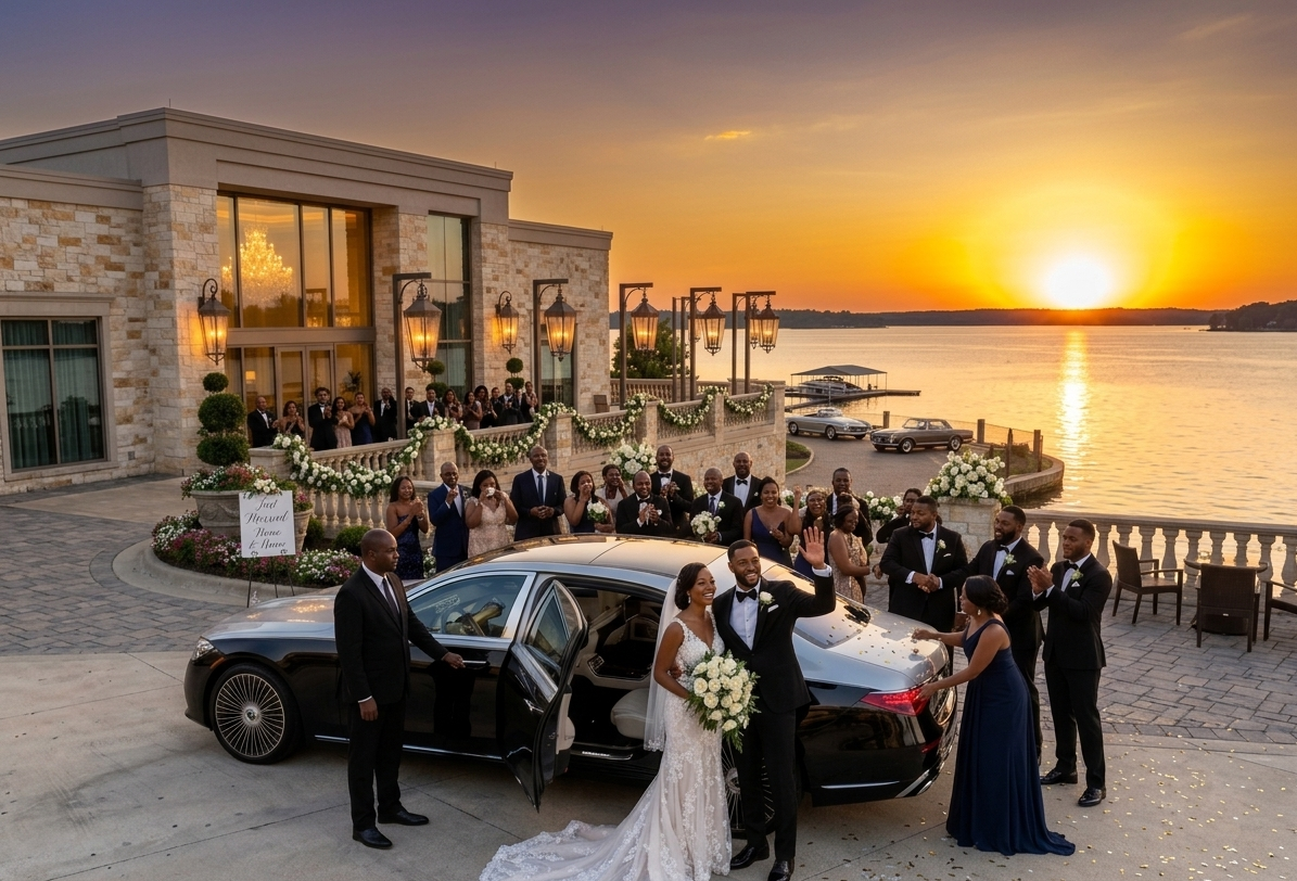 A wedding celebration taking place outdoors at sunset by a waterfront. The bride and groom stand next to a black luxury car, surrounded by guests dressed in formal attire, with some on a terrace decorated with white flowers and lanterns, and others by the water.