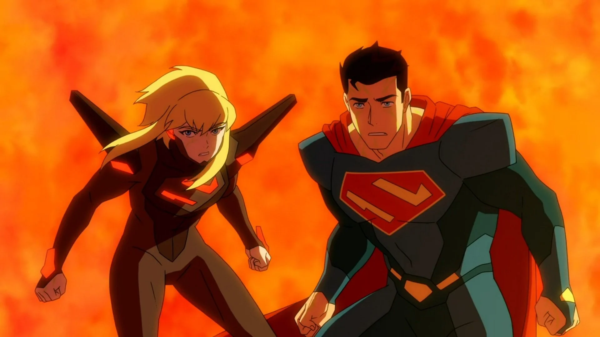 A screengrab from the show's second season, showing Kara in her old, Evangelion-inspired villain outfit, stood alongside Superman as she faces her former master.