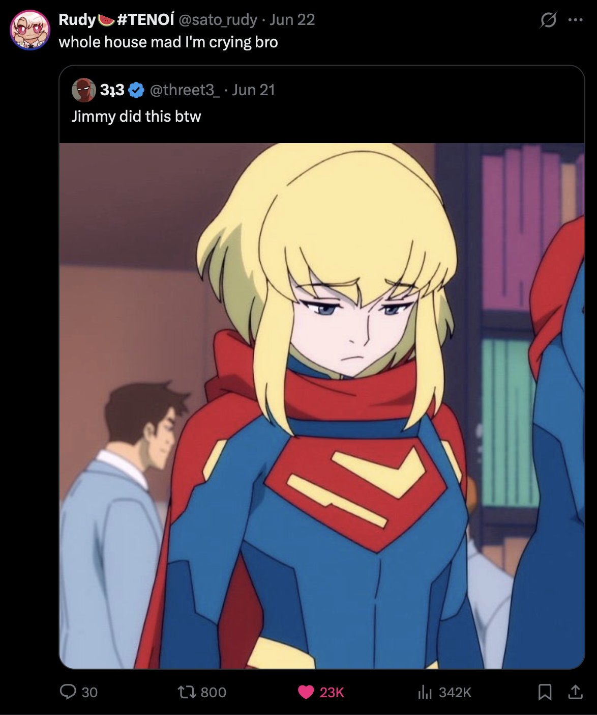 A screenshot of a couple of Twitter posts. The first is sharing a screen grab of Kara looking dejected with the caption "Jimmy did this by the way". Another user has quoted that post adding "whole house mad I'm crying bro"