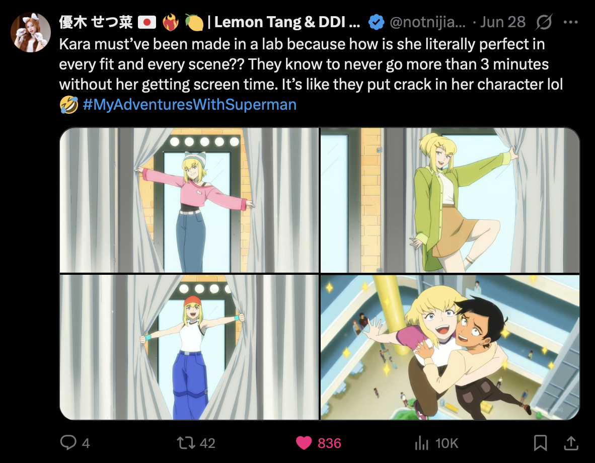 A tweet with the comment "Kara must've been made in a lab because how is she literally perfect in every fit and scene?? They know to never go more than 3 minutes without her getting screen time. It's like they put crack in her character"
