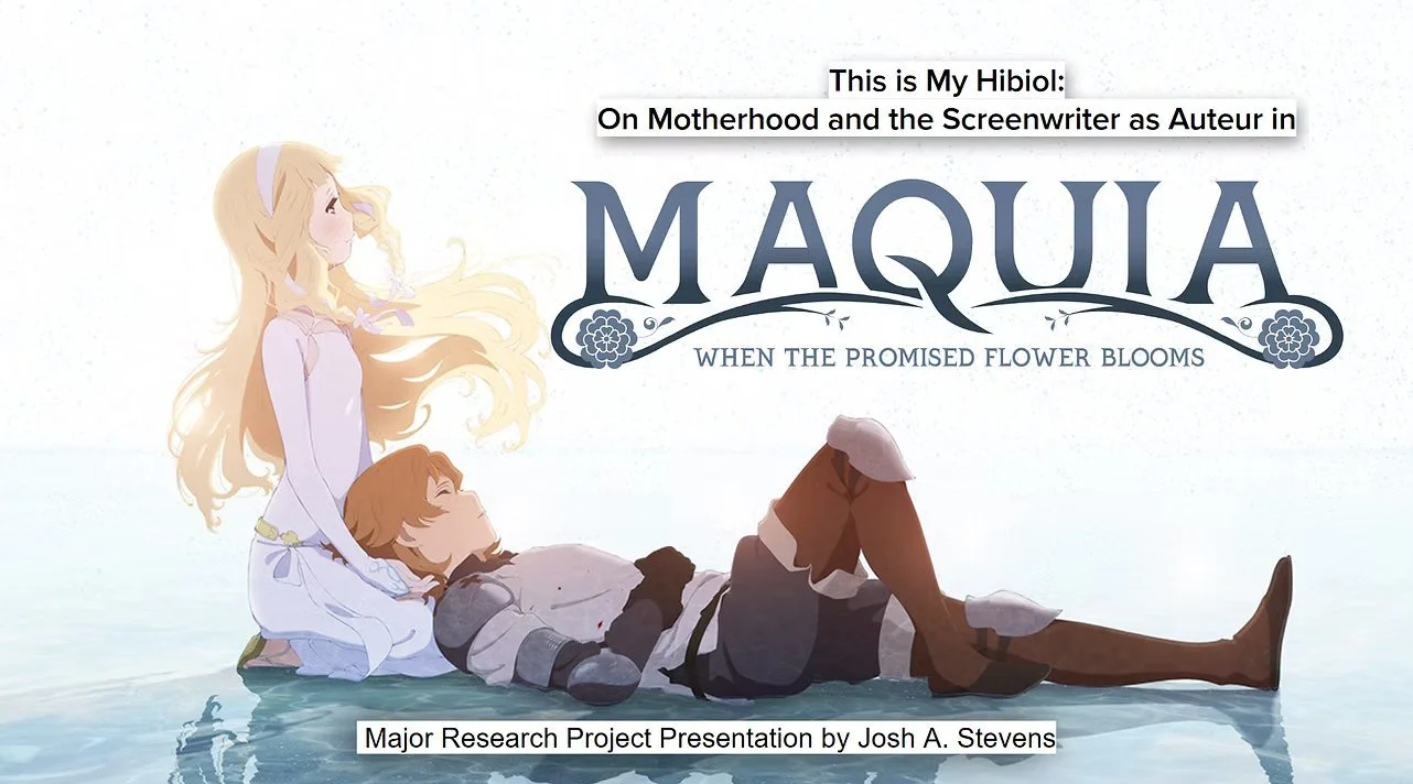 Anime-style illustration of a woman with long blonde hair kneeling beside a man with short brown hair, lying on the ground with his eyes closed, underwater or in a reflective surface. The setting appears serene with soft colors. The text overlay discusses a research project titled "Maquia: When the Promised Flower Blooms," authored by Josh A. Stevens.