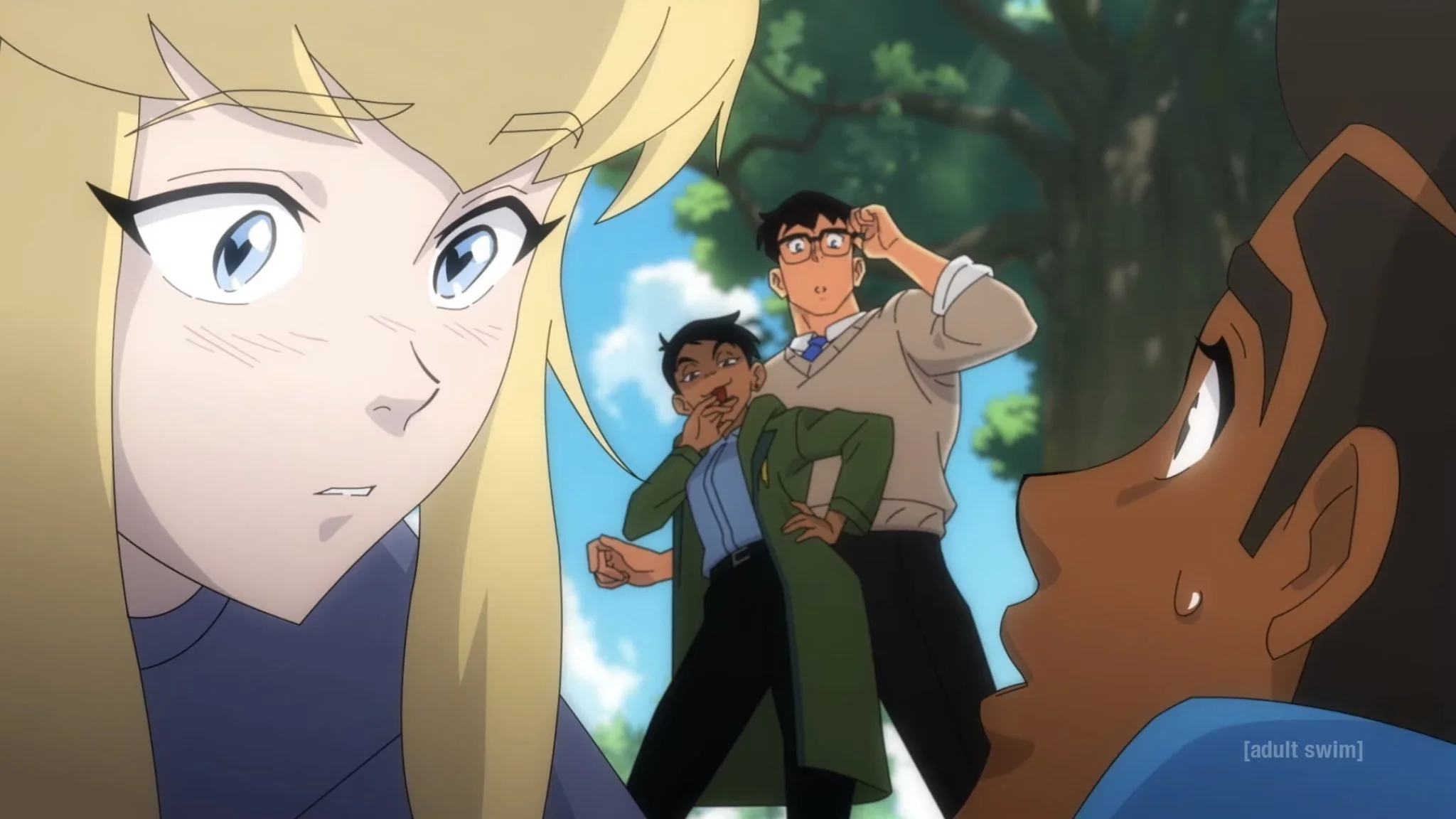 A still from the series' new opening theme, showing Kara looking at Jimmy with love hearts in her eyes, while Lois looks smug in the background