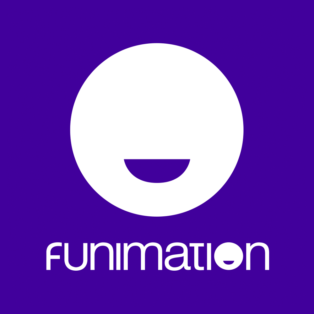 Funimation logo with a smiling face and the company name on a purple background.