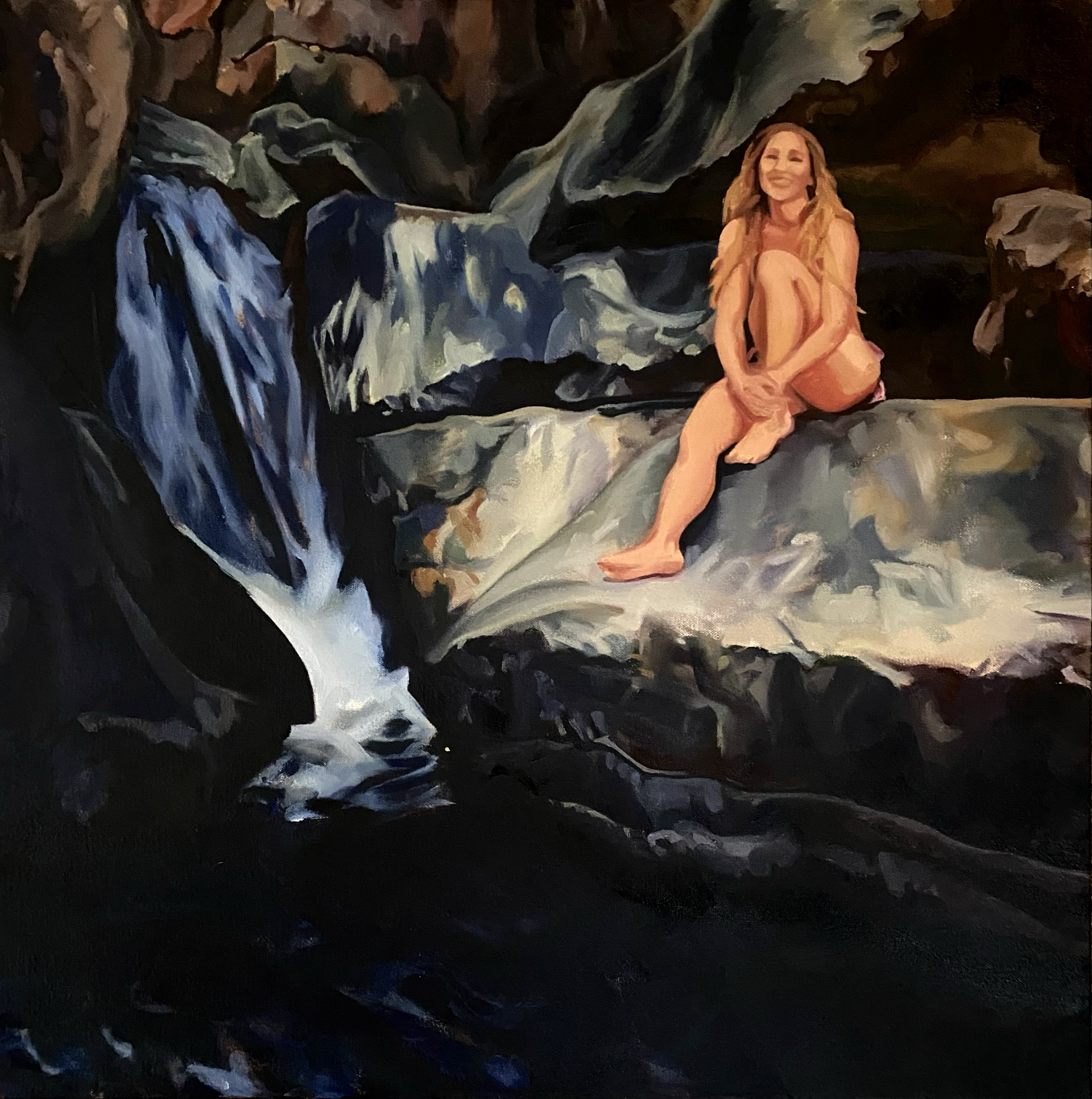 Women in Waterfall Landscape, oil on canvas, 22 x 22", 2026